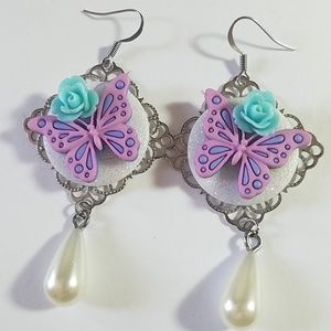 Handmade Butterfly and Pearl Teardrop Earrings